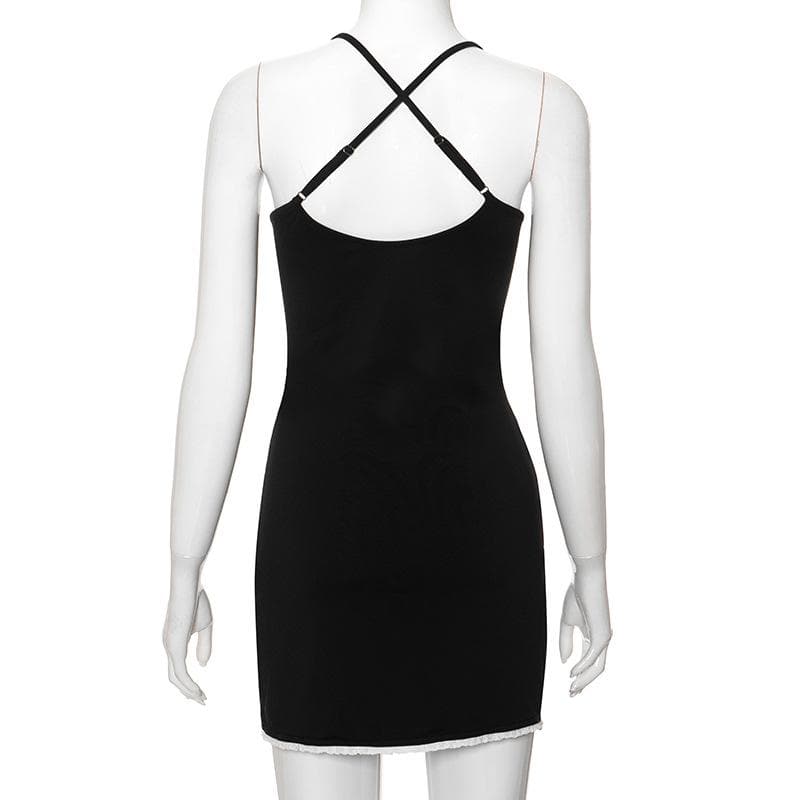 Bowknot ribbon lace hem u neck cross back backless cami mini dress  | black rave dress