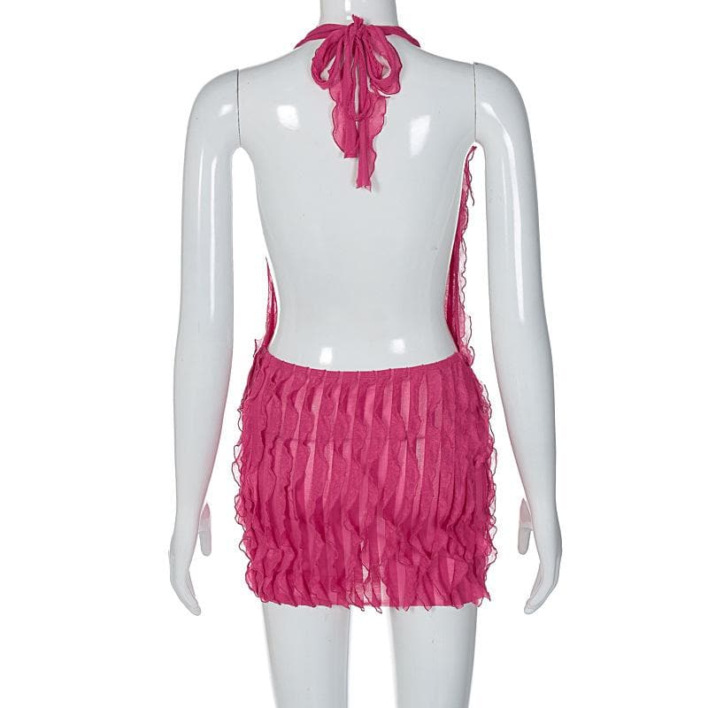 Textured ruffle solid halter self tie v neck backless mini dress  | red tango dress