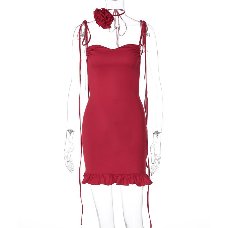 Rose applique ruched ruffle knotted cami mini dress  | red tango dress
