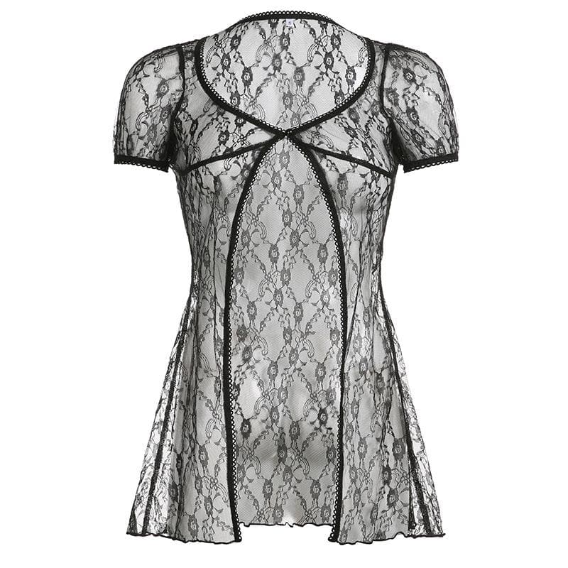 Lace short sleeve button see through ruffle solid top