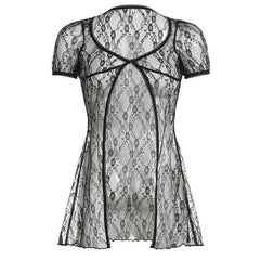 Lace short sleeve button see through ruffle solid top