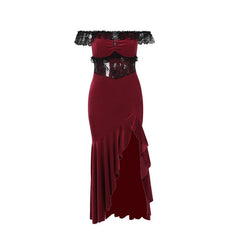 Off shoulder lace hem slit velvet metal applique ruched maxi dress  | red tango dress