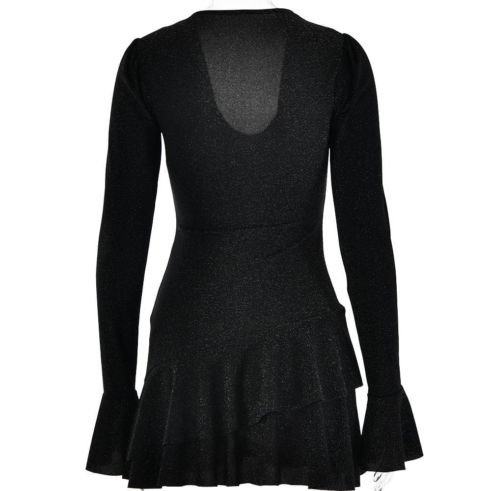 Textured v neck ruffle irregular long flared sleeve mini dress  | red tango dress