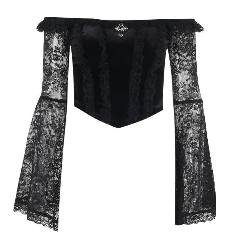 Long flared off shoulder lace cross applique top