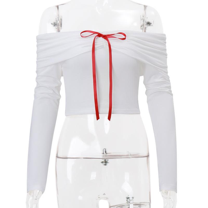 Long sleeve off shoulder bowknot ribbon top