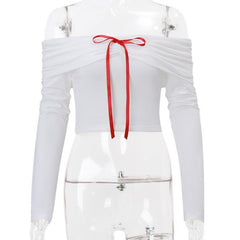 Long sleeve off shoulder bowknot ribbon top