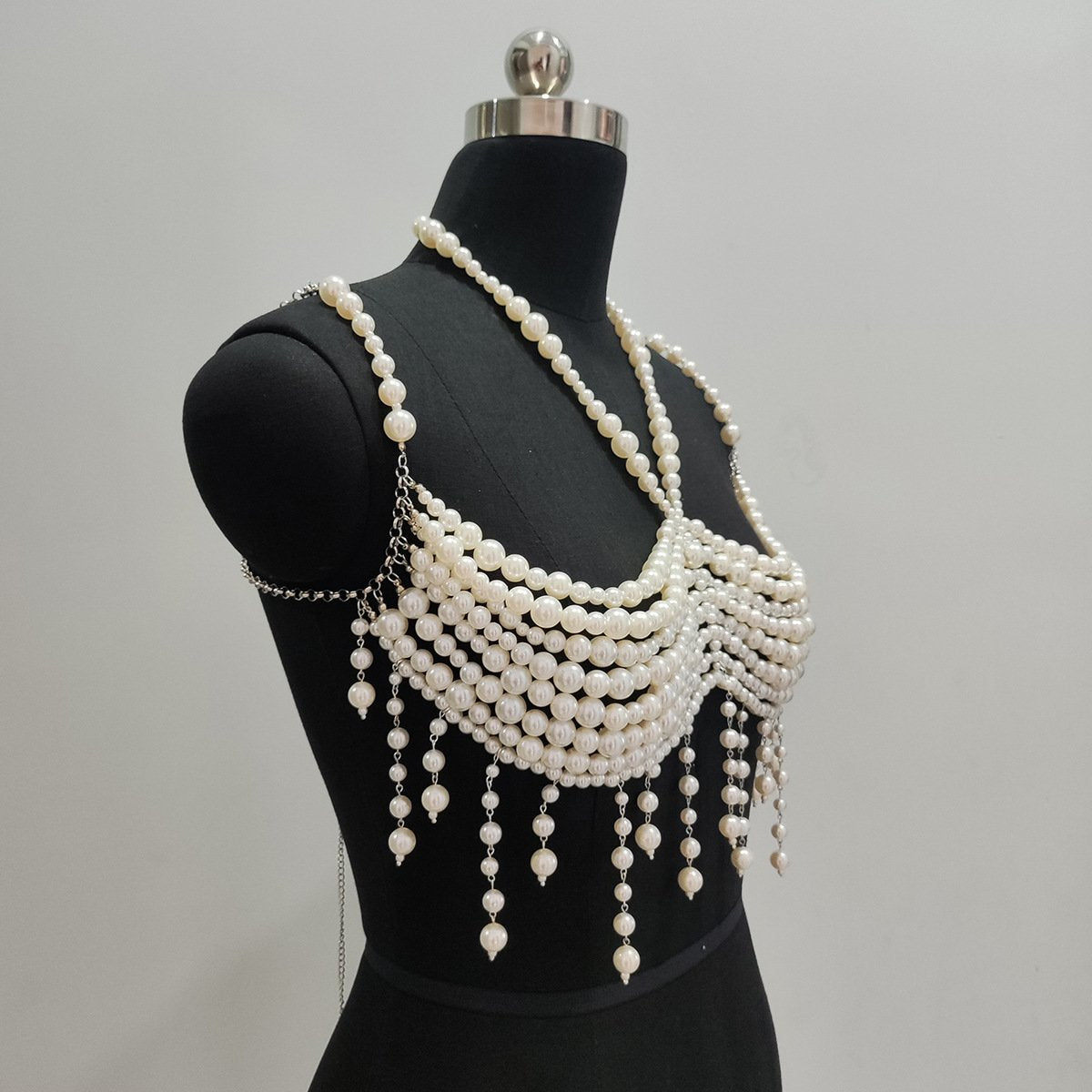 Halter pearls hollow out backless tassels top