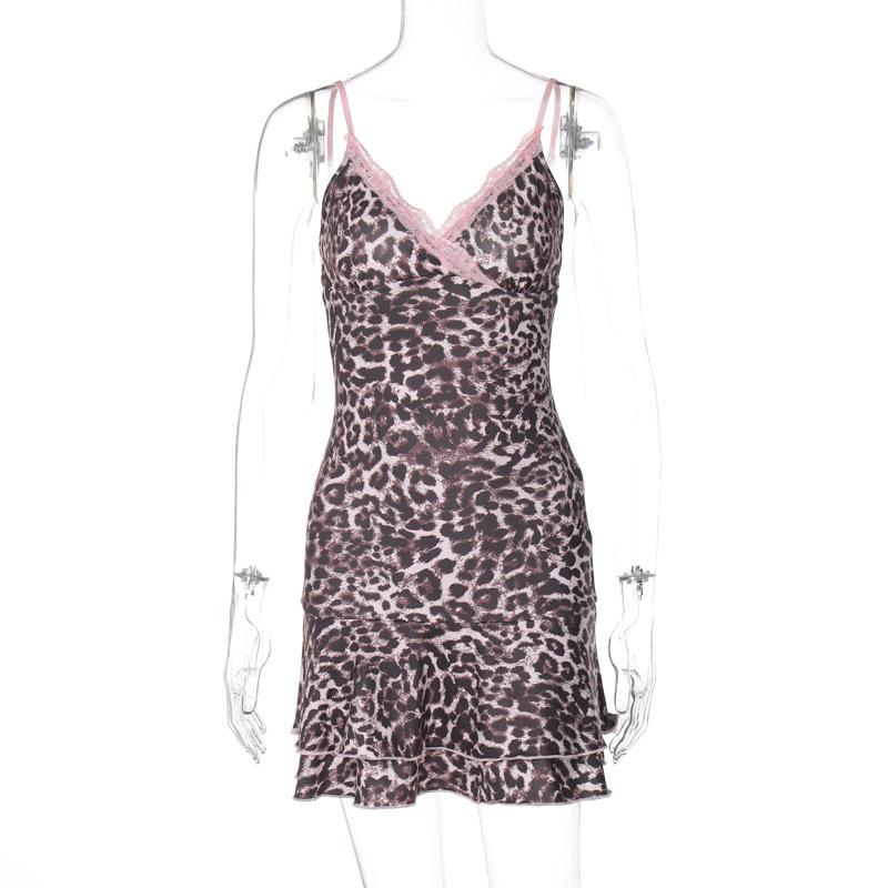 Leopard print v neck lace hem cami mini dress