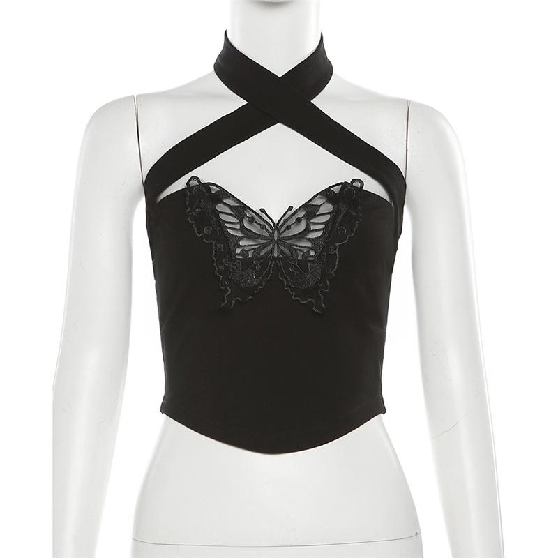 Halter cross front butterfly embroidery crop top
