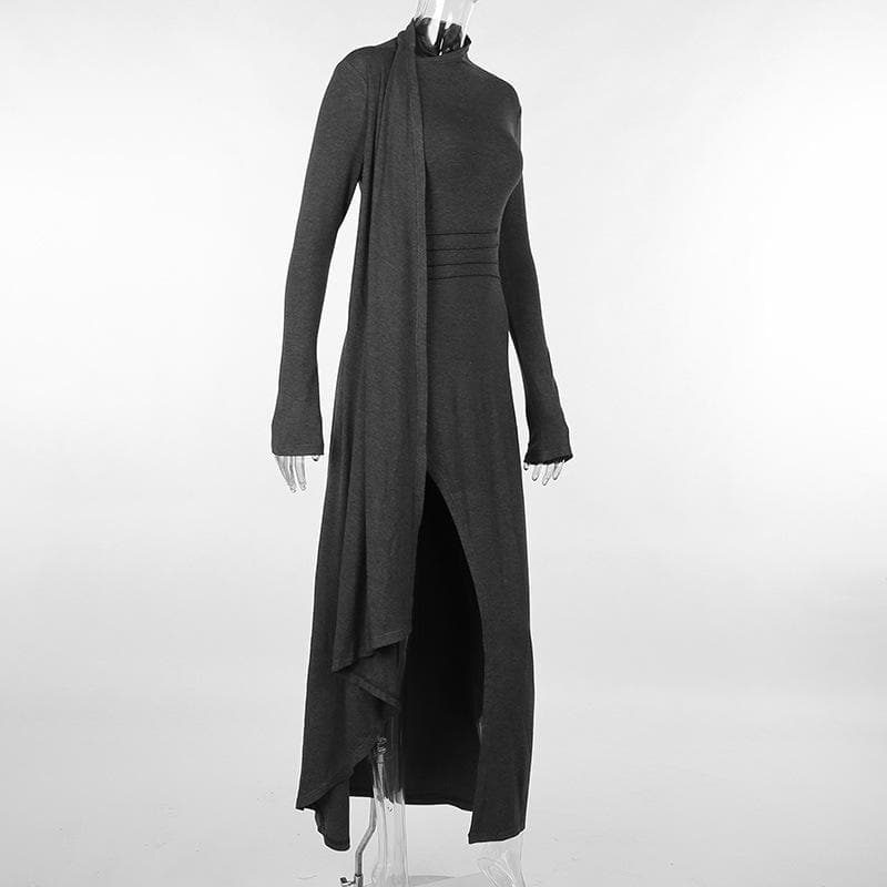 Long sleeve slit high neck solid maxi dress