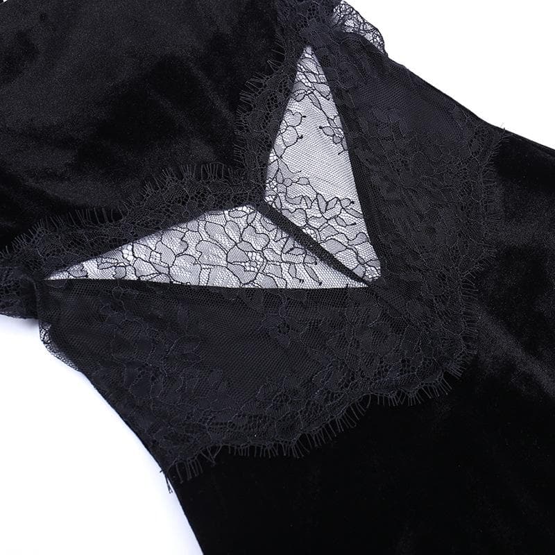 Cowl neck lace hem slit backless velvet cross back midi dress  | black rave dress  | black rave dress