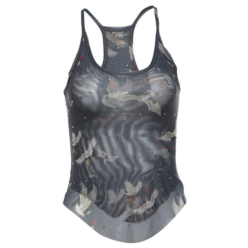 U neck sheer mesh print beaded tank top