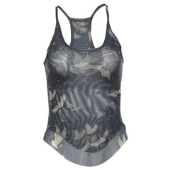 U neck sheer mesh print beaded tank top