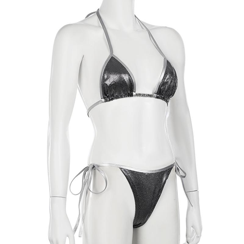 Halter polka dot metallic self tie pant set