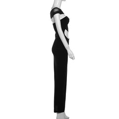 One shoulder irregular hollow out velvet mesh maxi dress