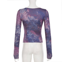V neck long sleeve tie dye ruched top