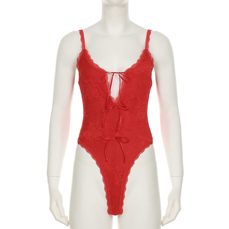 V neck lace bowknot cami bodysuit