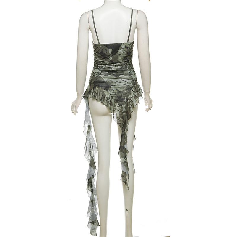 Camouflage ruffle irregular ruched cami top