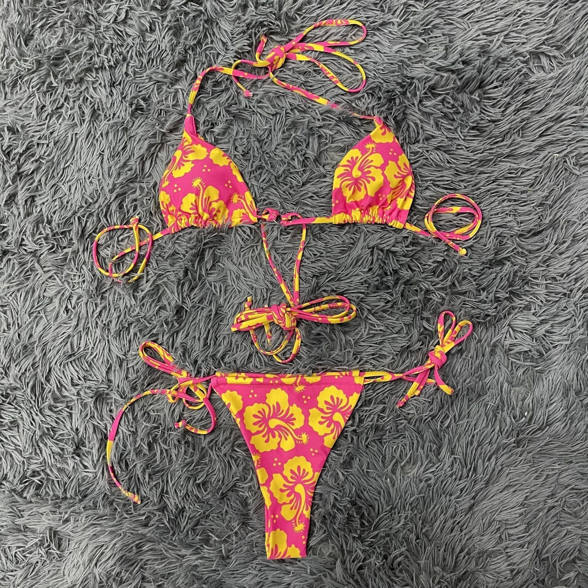 Flower pattern drawstring contrast halter self tie bikini swimwear