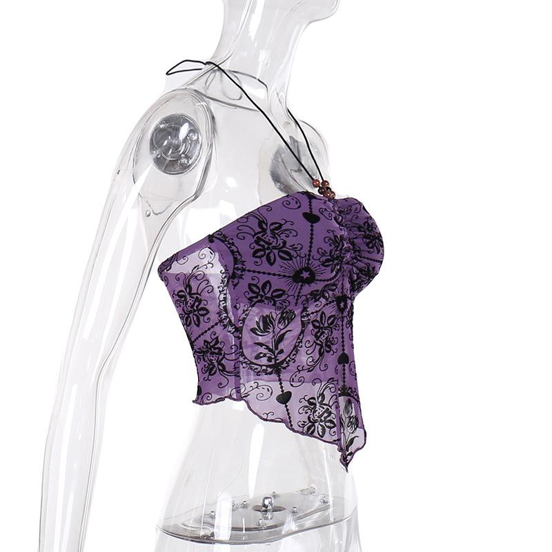 Halter drawstring ruched beaded mesh print top