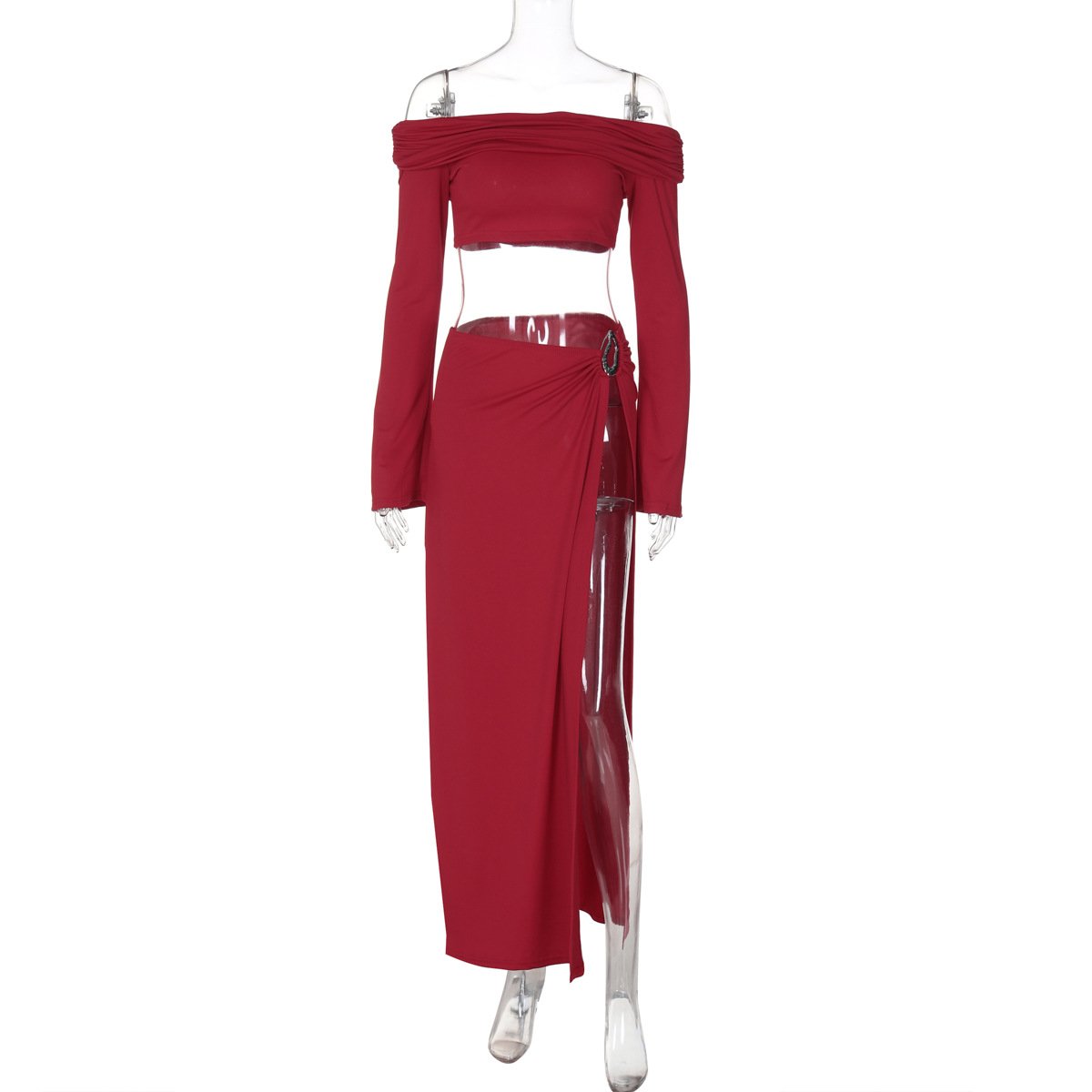 Off shoulder long sleeve o ring slit maxi dress  | red tango dress