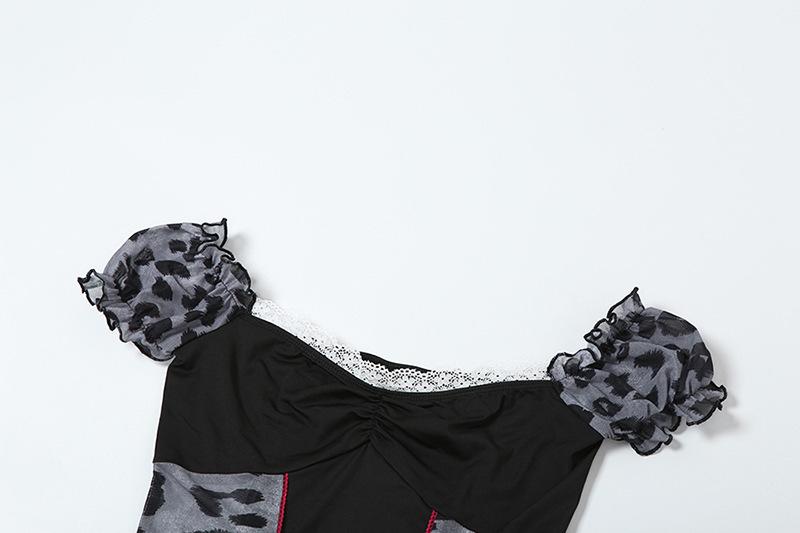 Short puff sleeve leopard print lace hem romper
