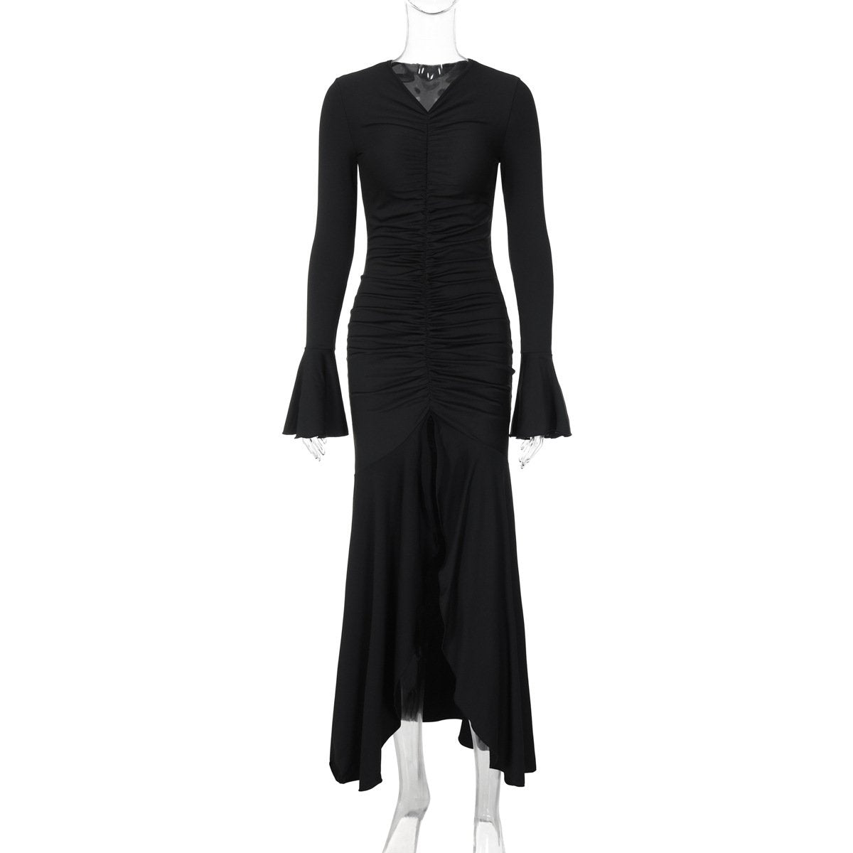 Long flared sleeve v neck ruched maxi dress