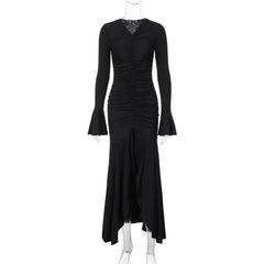 Long flared sleeve v neck ruched maxi dress
