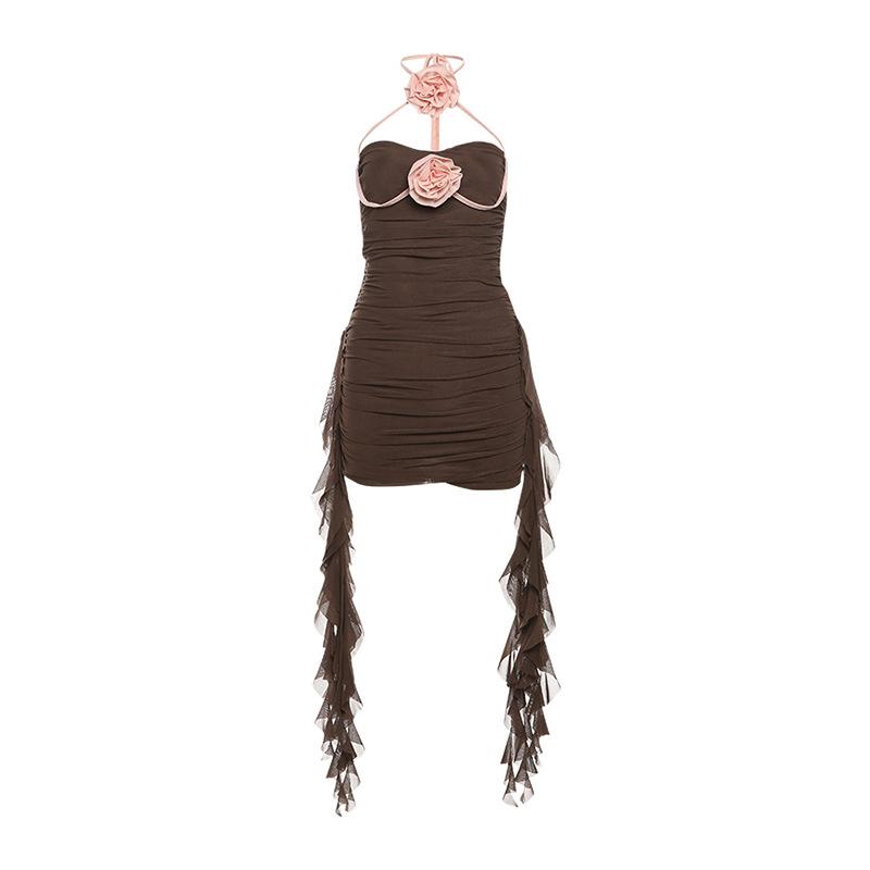 Halter self tie ruched flower applique backless mini dress
