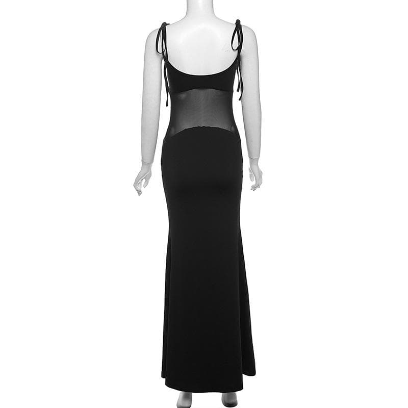 Mesh patchwork self tie backless cami maxi dress