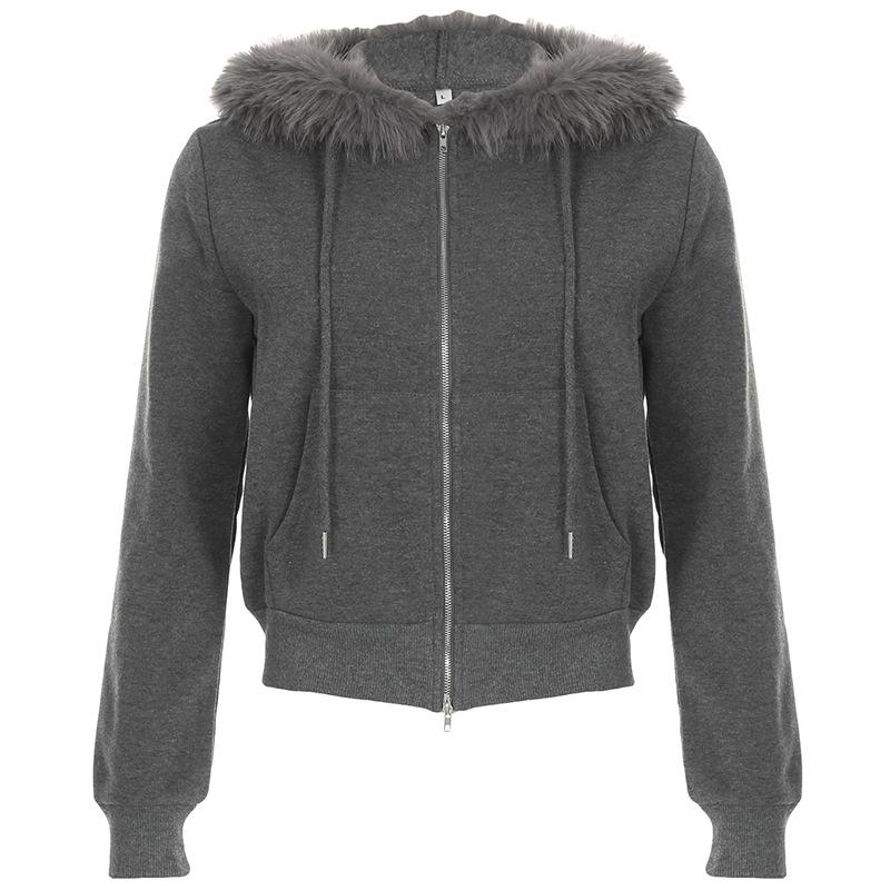 Hoodie long sleeve fluffy zip-up coat top