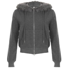 Hoodie long sleeve fluffy zip-up coat top