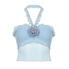 Halter rose applique ruffle ribbed crop top