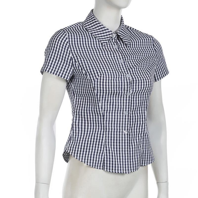 Turnover collar short sleeve plaid print button top