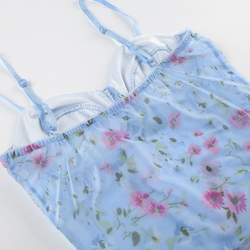 Mesh flower print stitch bustier lace hem cami top