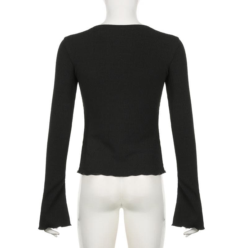 Long flared sleeve crewneck ribbed ruffle solid top