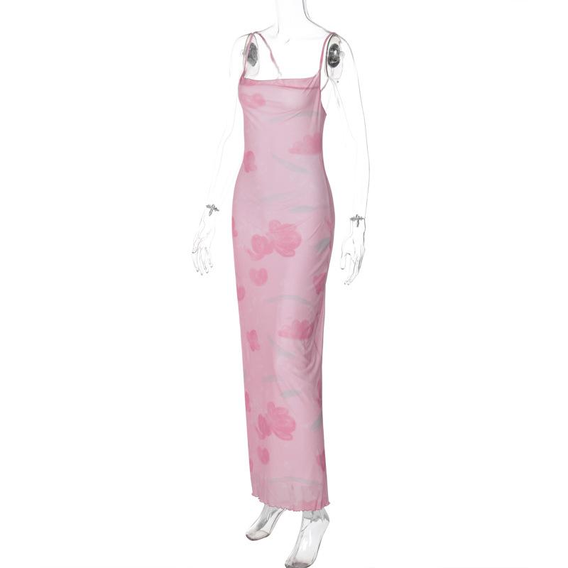 Print mesh knotted backless cami maxi dress