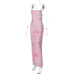 Print mesh knotted backless cami maxi dress