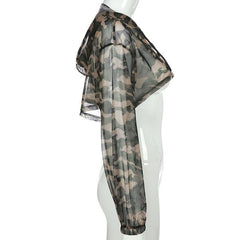 Sheer mesh drawstring long sleeve camouflage hoodie smock