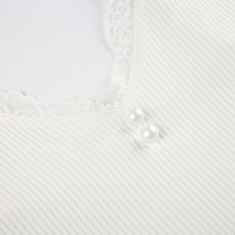 Lace hem button ribbed v neck cami bodysuit
