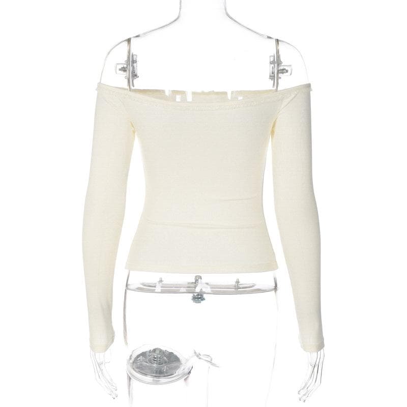 Long sleeve off shoulder bowknot lace hem backless top