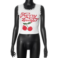 Lace hem fruit letter print u neck tank top