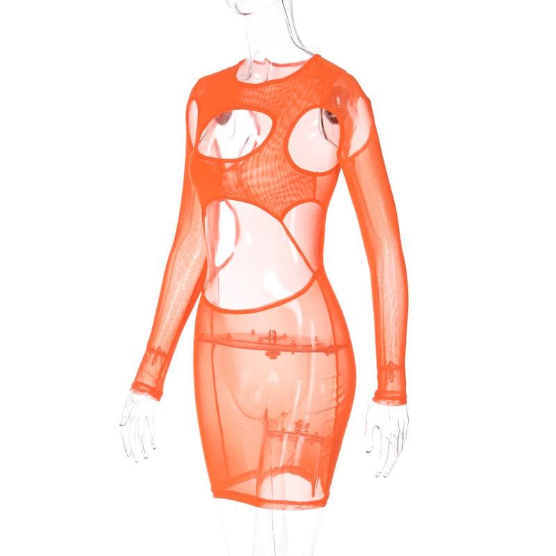 Long sleeve hollow out sheer mesh see through mini dress  | samba dress