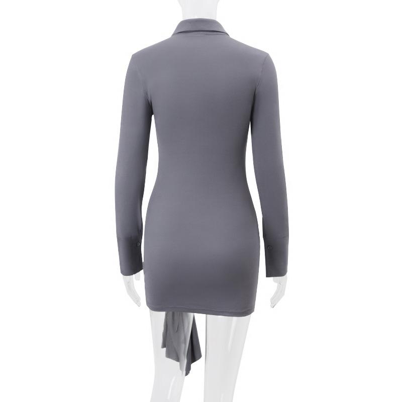 Turnover collar long sleeve button ruched mini dress