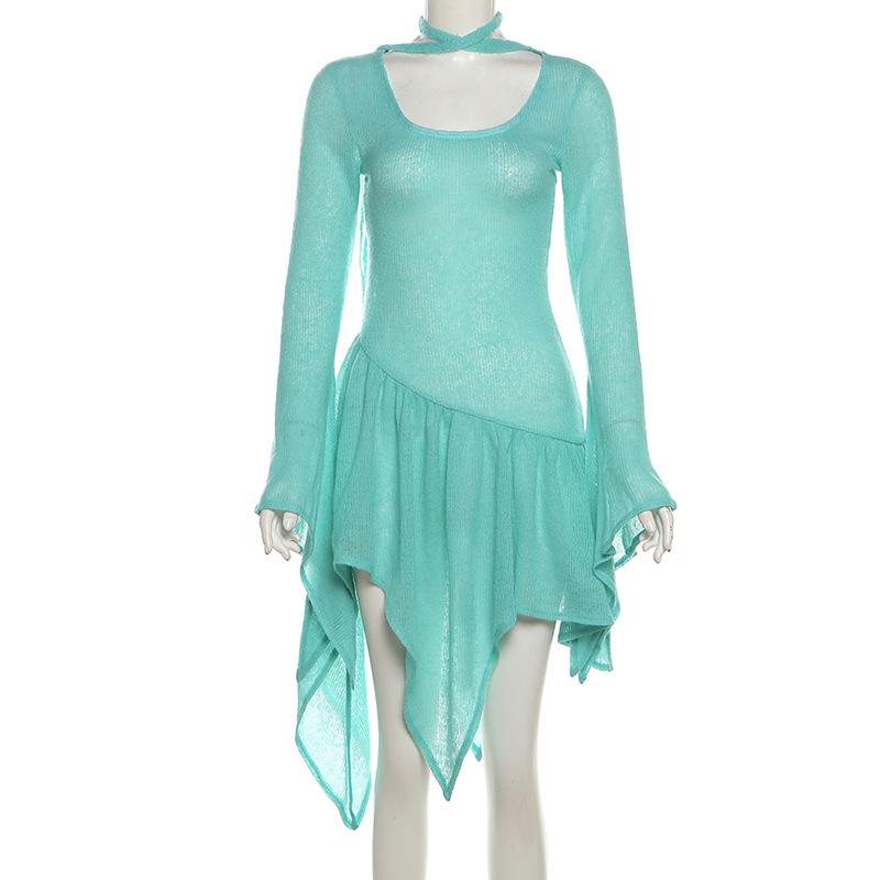 Long flared sleeve knitted ruffle mini dress