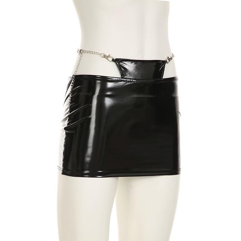 PU leather metal chain mini skirt