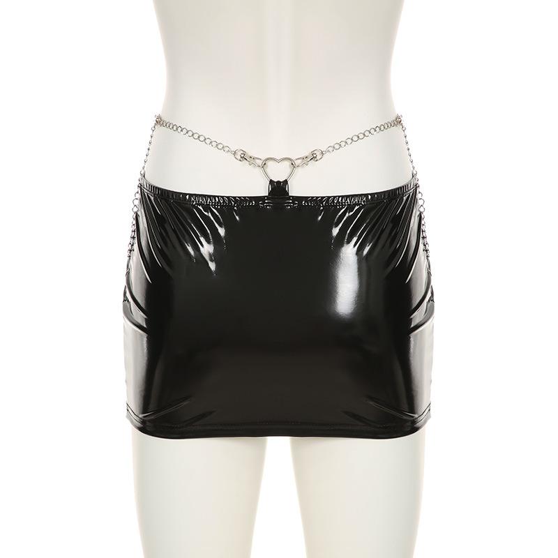 PU leather metal chain mini skirt