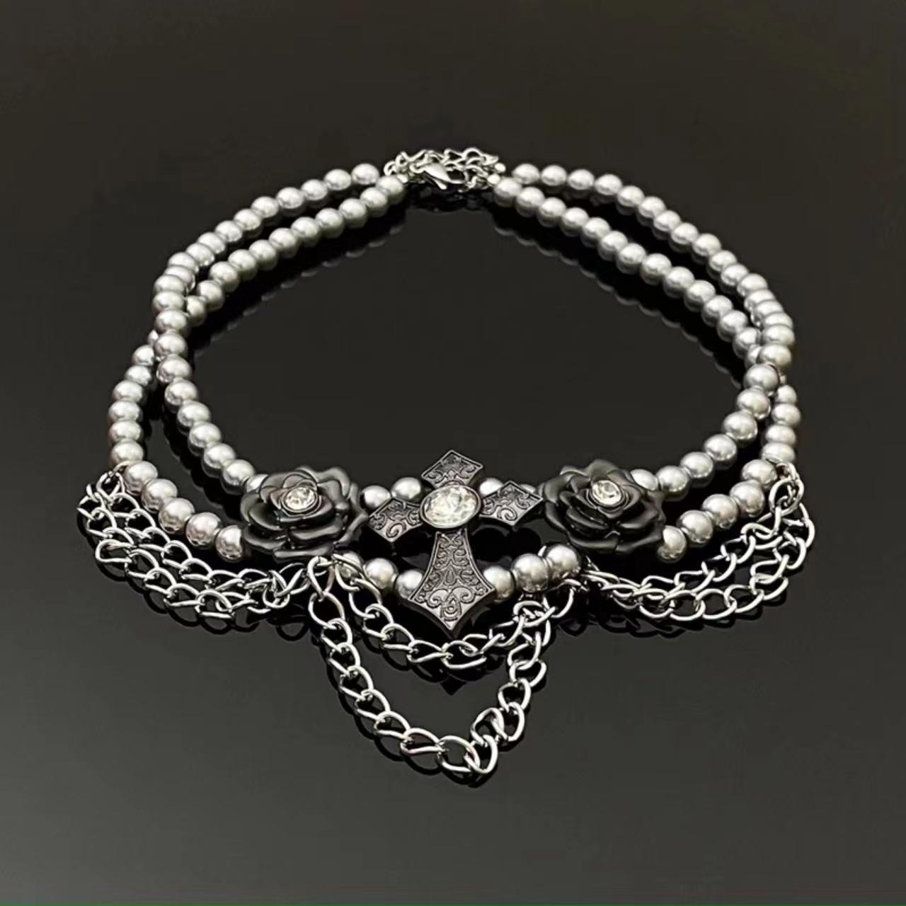 Rose cross beaded choker necklace