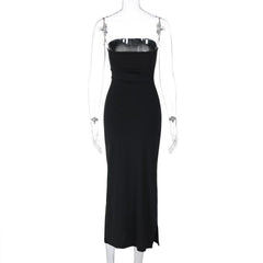 Slit backless solid sleeveless tube midi dress