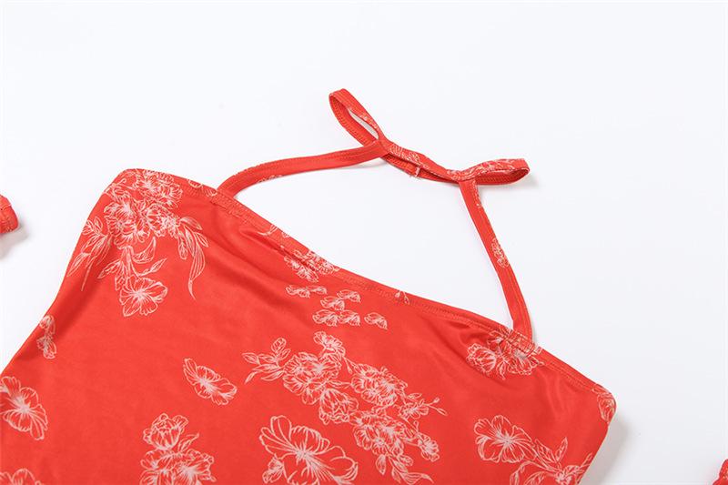 Halter gloves print ruched backless mini dress  | red tango dress